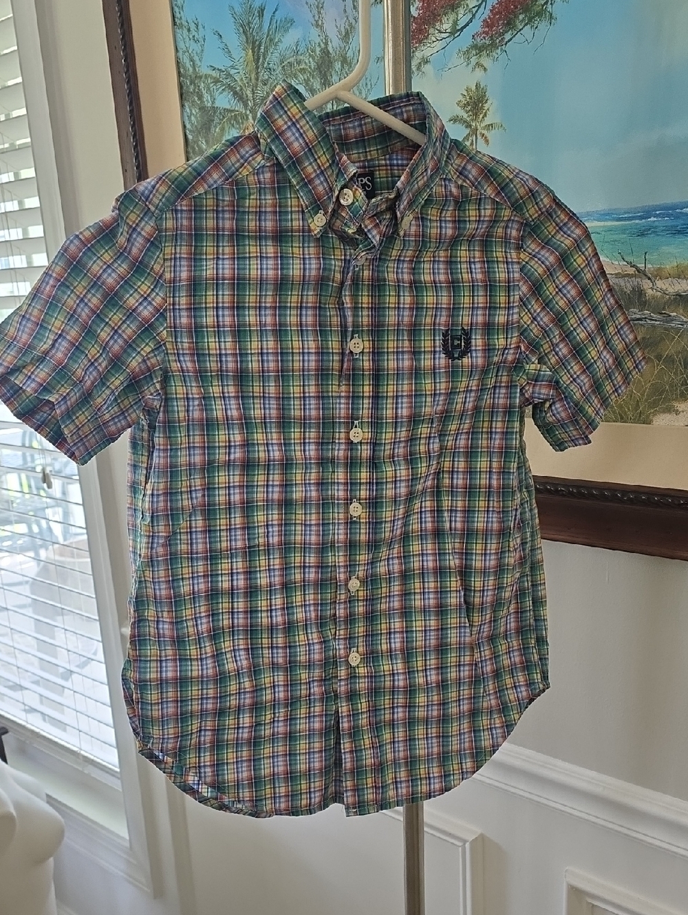 Chaps Multicolor Plaid Short-Sleeve Button-Down Shirt - Blue Green Yellow